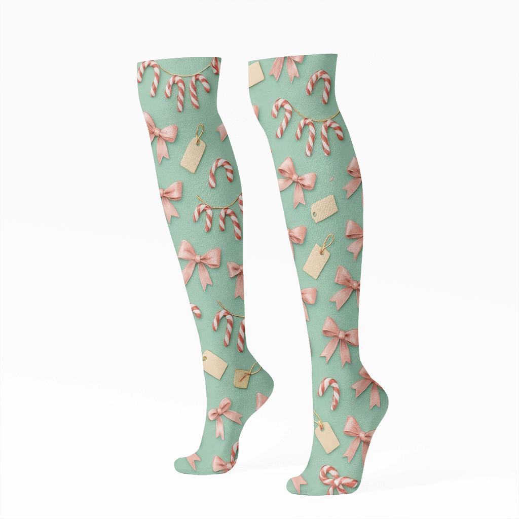 Mint Green Collage Of Candy Canes And Gift Tags custom knee-high socks