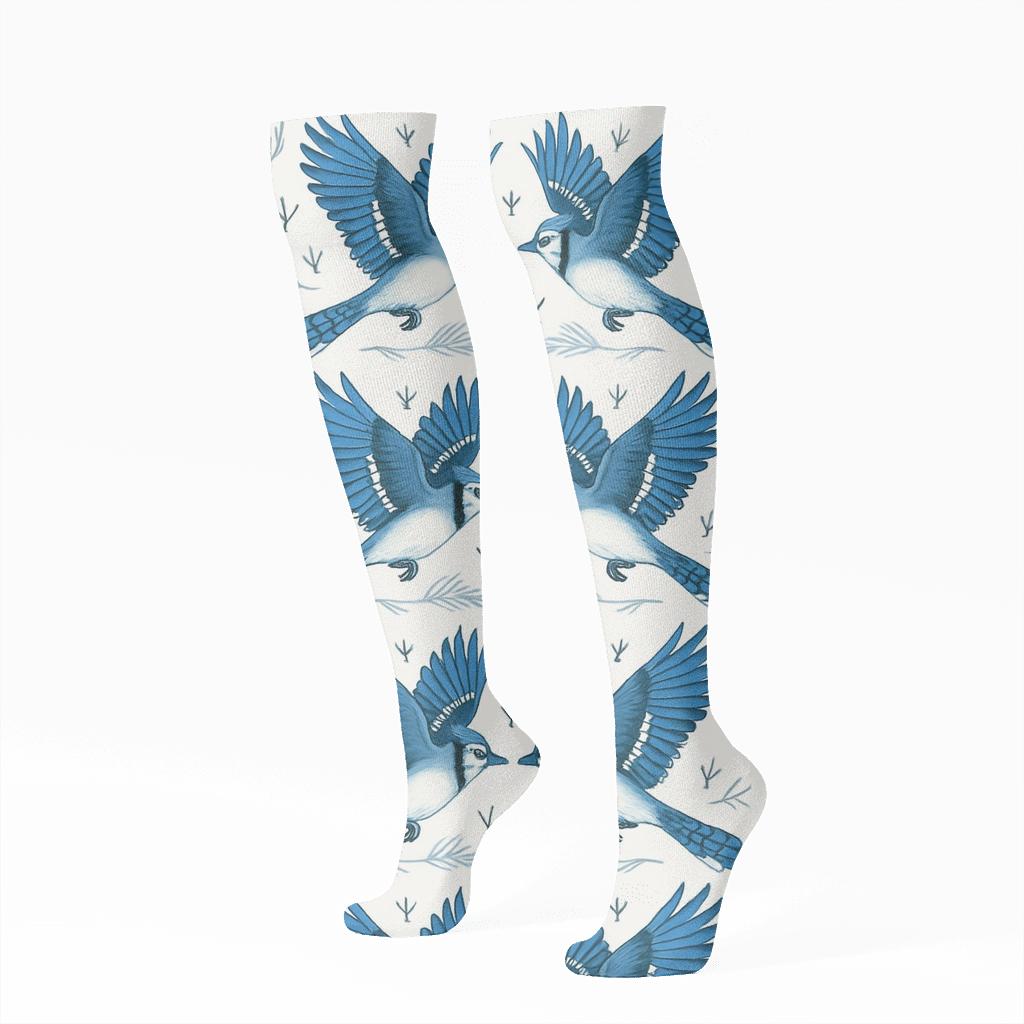 Blue Jay Flight Mirror Stripe On White Background soft everyday knee-high socks