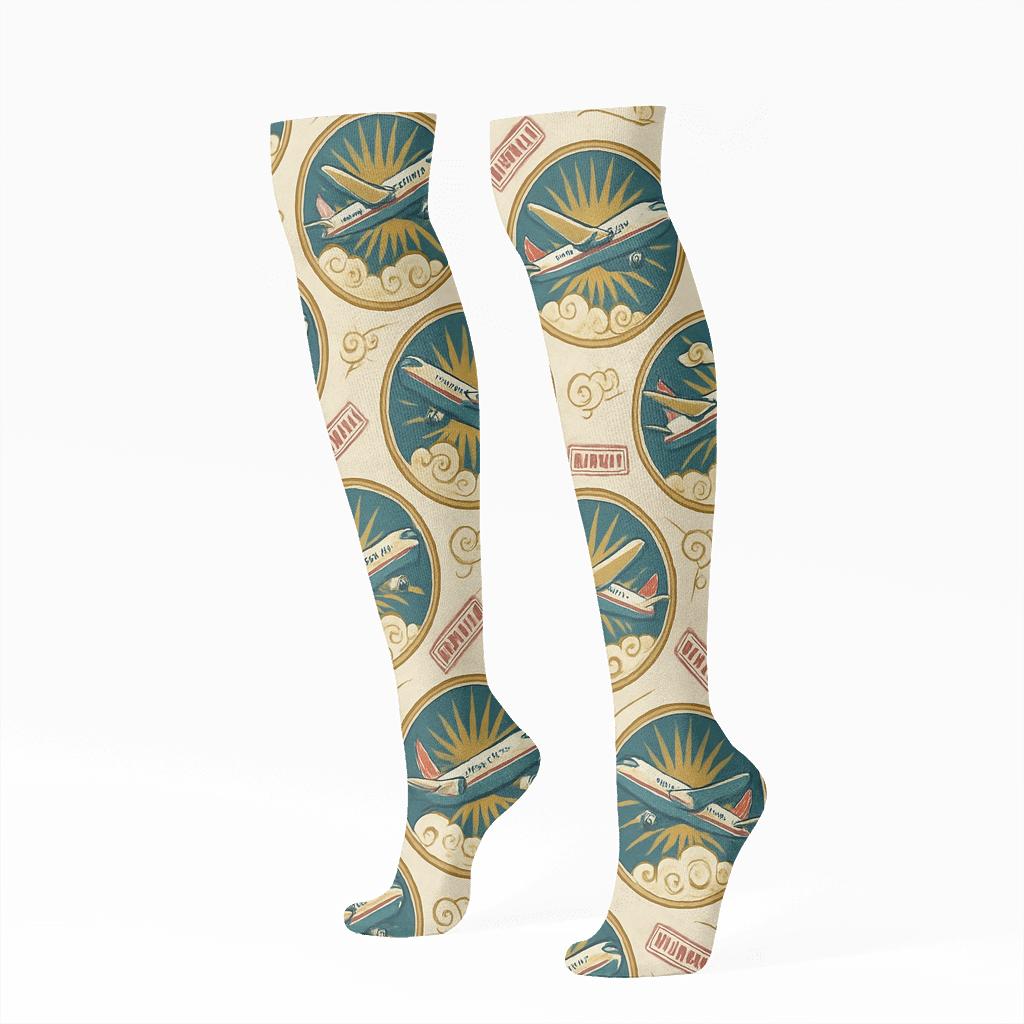 Vintage Poster Airplane Travel Medallions trendy patterned knee-high socks