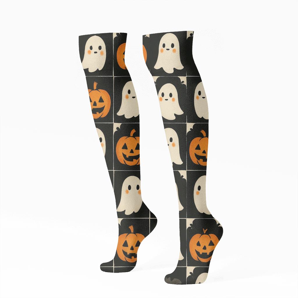 Orange Pumpkin And Ghost Alternating Checker On Black Background soft everyday knee-high socks