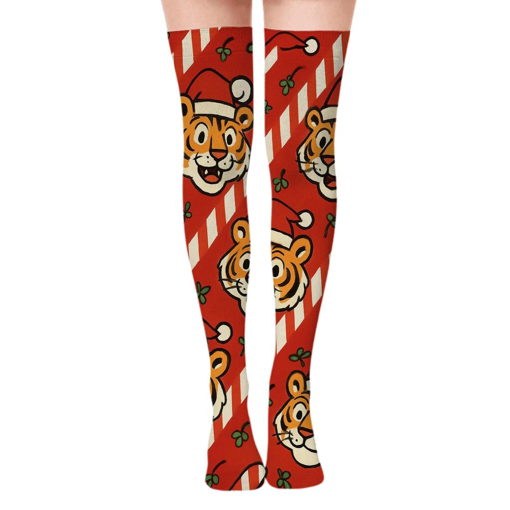 Candy Cane Tiger Stripes Diagonal Array On Red Background unique graphic over-the-knee socks
