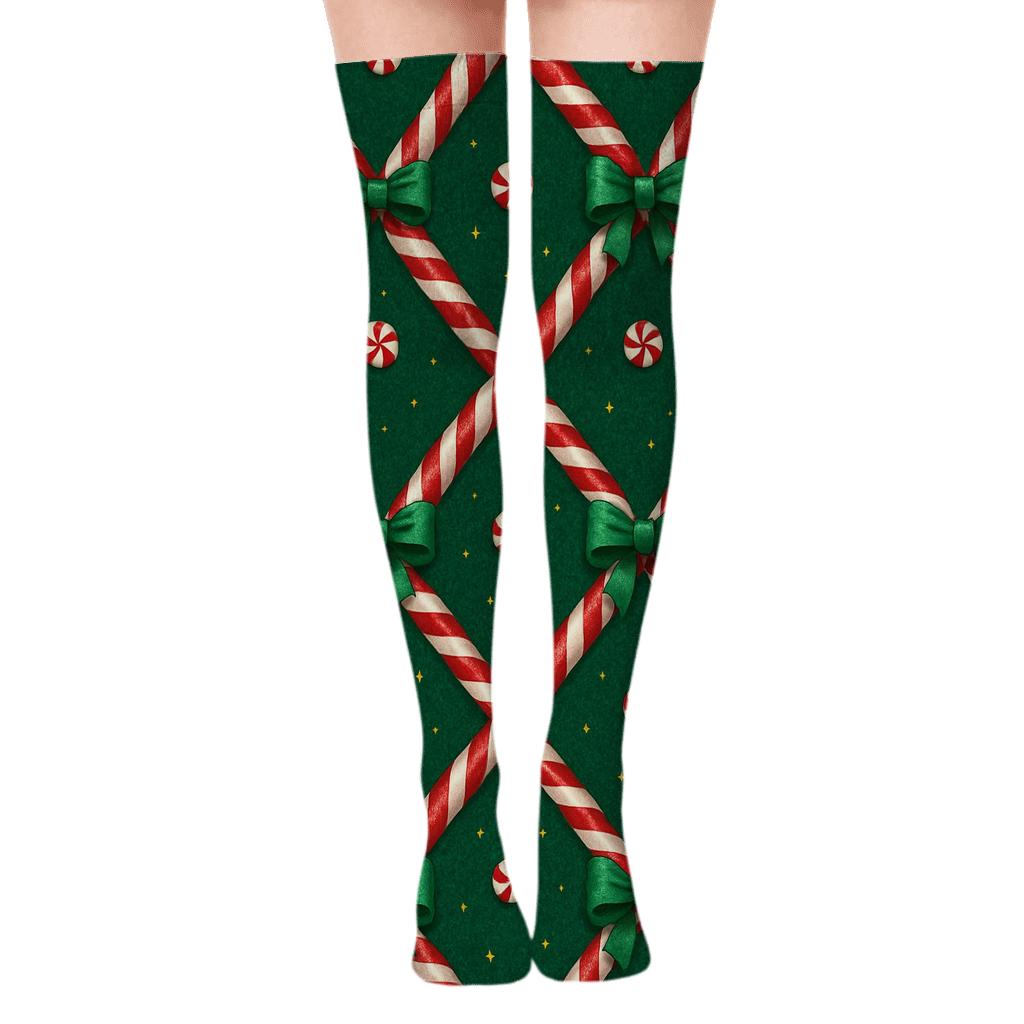 Candy Cane Lattice With Holiday Glow trendy patterned over-the-knee socks