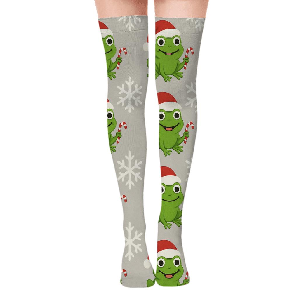 Frog Santa Hat Snowflake Polka Grid On Light Gray Background stylish fashion over-the-knee socks
