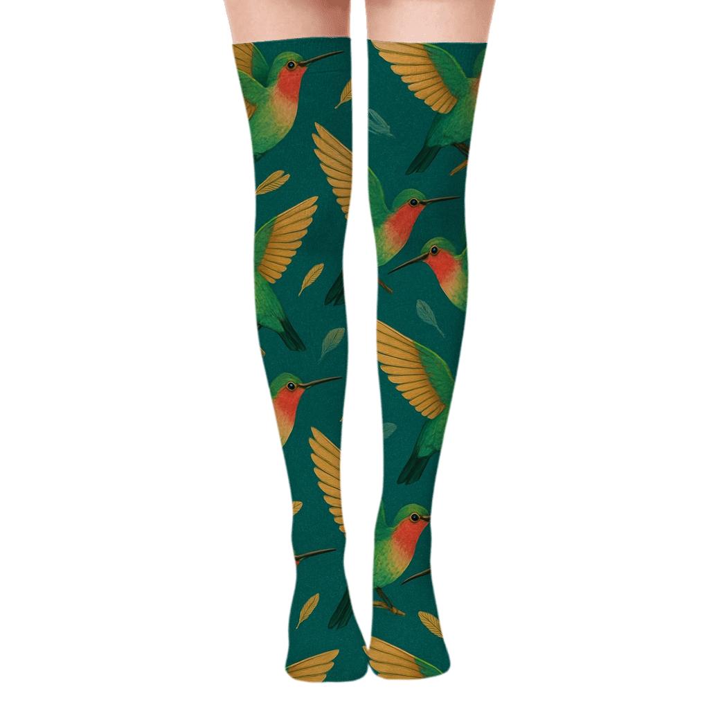 Hummingbird Wingbeat Diamond Tiles On Teal Background custom over-the-knee socks