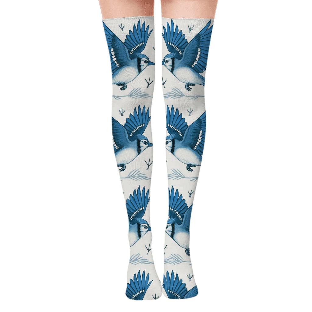 Blue Jay Flight Mirror Stripe On White Background designer print over-the-knee socks