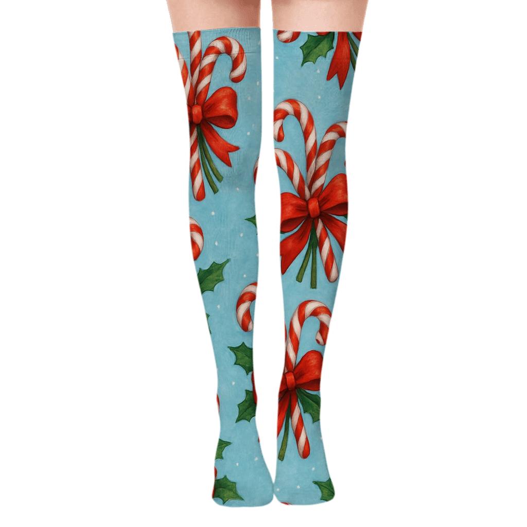Candy Canes Bouquet Tiles With Ribbon Knots comfortable cotton over-the-knee socks