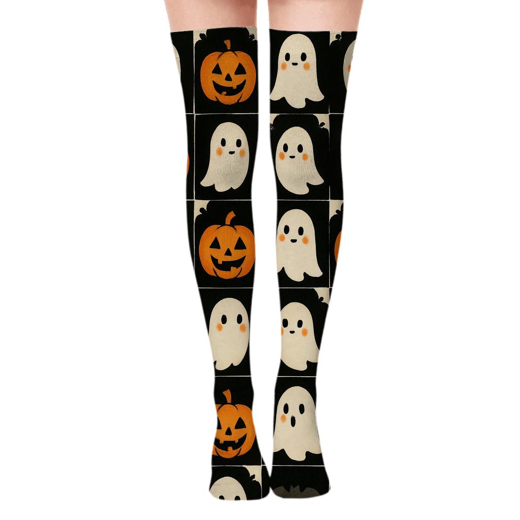 Orange Pumpkin And Ghost Alternating Checker On Black Background custom over-the-knee socks