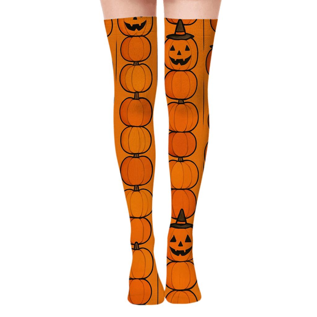 Orange Pumpkin Stack Columns On Orange Background designer print over-the-knee socks