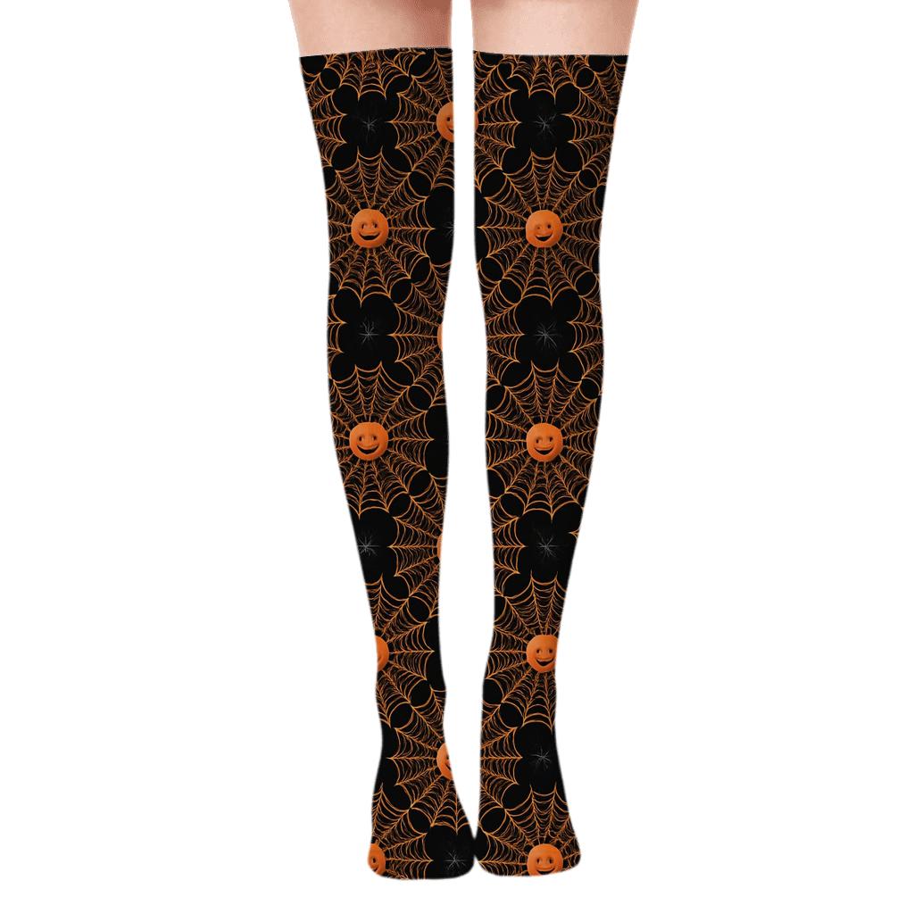 Orange Spider Web Rosette Tiles On Black Background custom over-the-knee socks