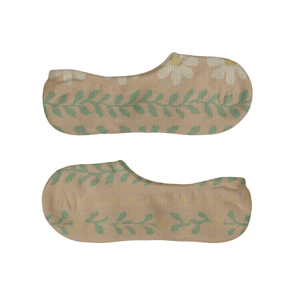 Cream Daisy And Sage Leaf Knit Illusion Stripe Repeat On Warm Beige Background trendy no-show sock styles