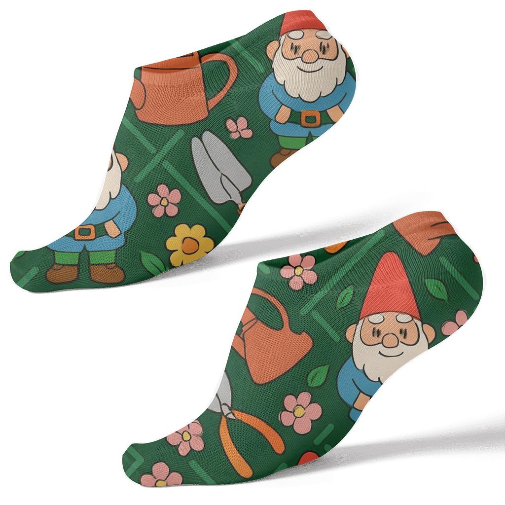 Gardener-Crafted Gnome And Tool Trellis Repeat designer print ankle socks