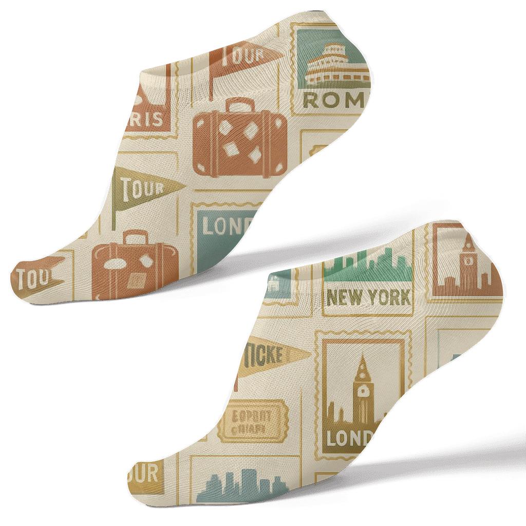 Vintage Travel Poster Look With Tour Guide Sticker Grid trendy patterned ankle socks
