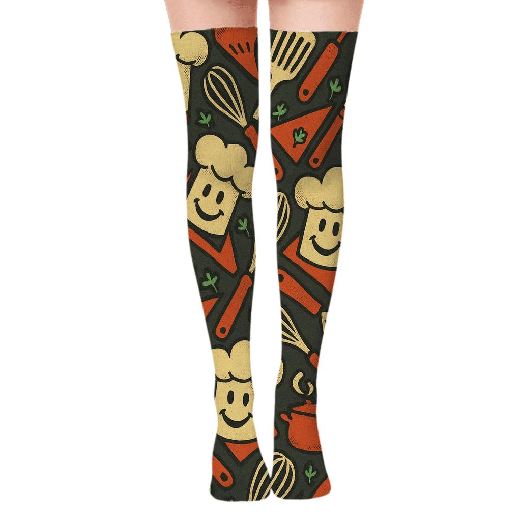 Spatula And Chef Hat Tessellation With Cook Flair unique graphic over-the-knee socks