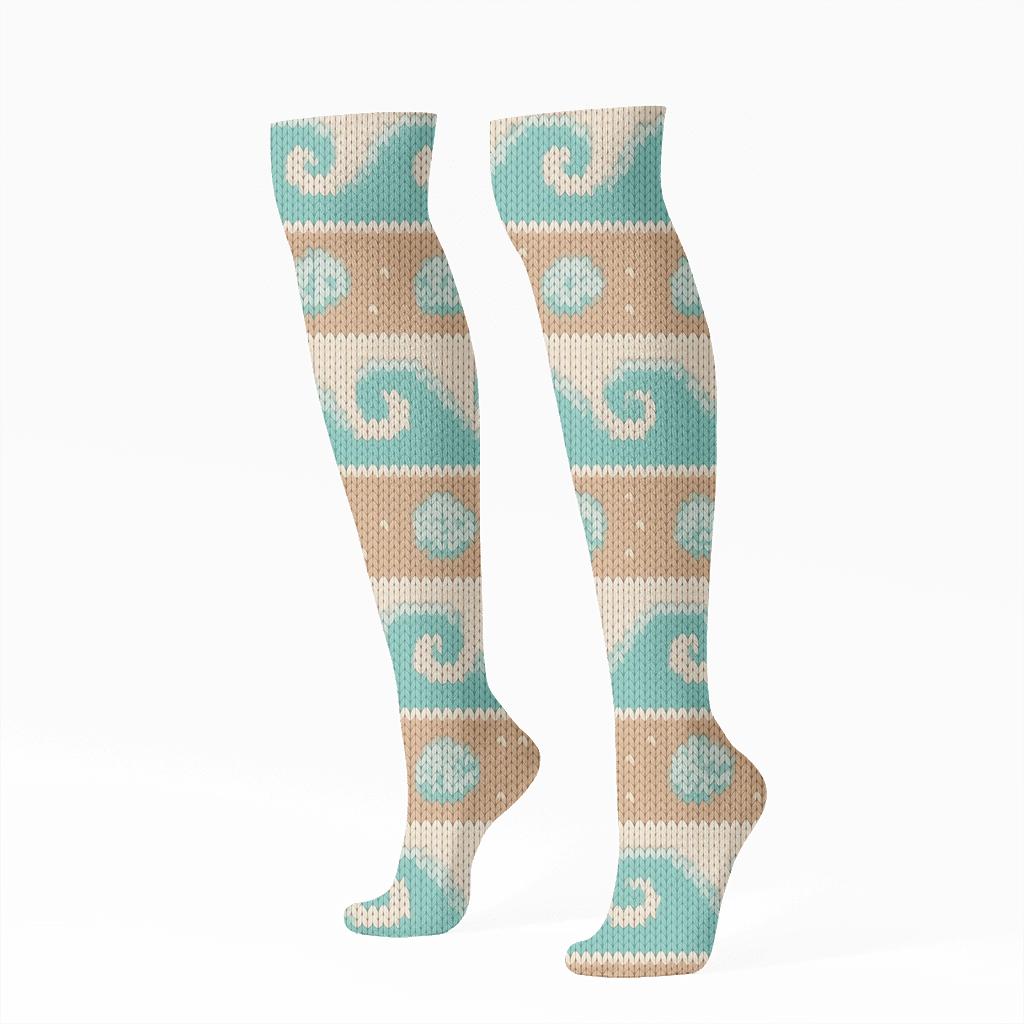 Seafoam Tide Bands With Shell Pebble Stitch Texture premium sports knee-high socks