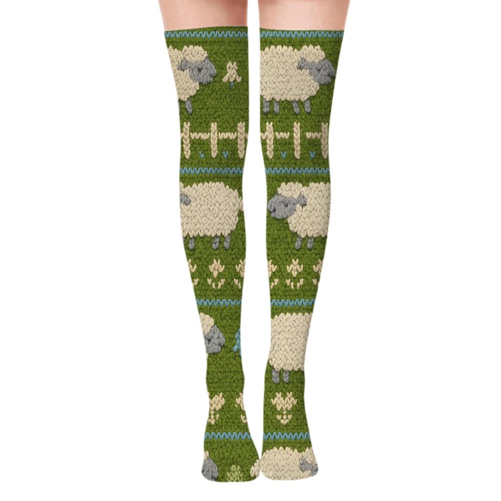Knitted Illusion Rolling Hills Sheep Pattern Bands unique graphic over-the-knee socks
