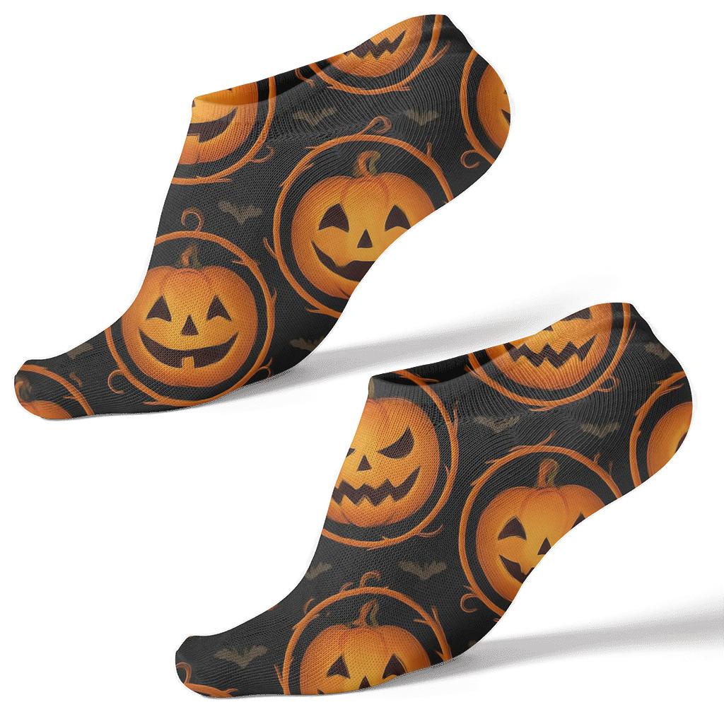 Orange Jack O Lantern Medallion Repeat On Black Background trendy patterned ankle socks