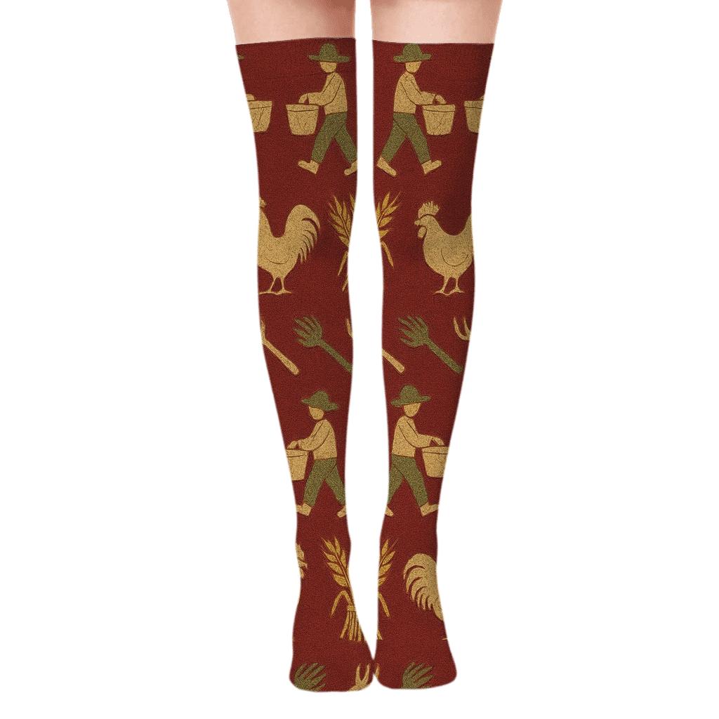 Patchwork Rows With Farmer Harvest Parade designer print over-the-knee socks