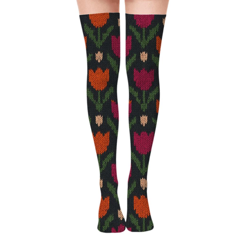 Sunset Tulip Chevron Knit On Charcoal Background personalized over-the-knee socks
