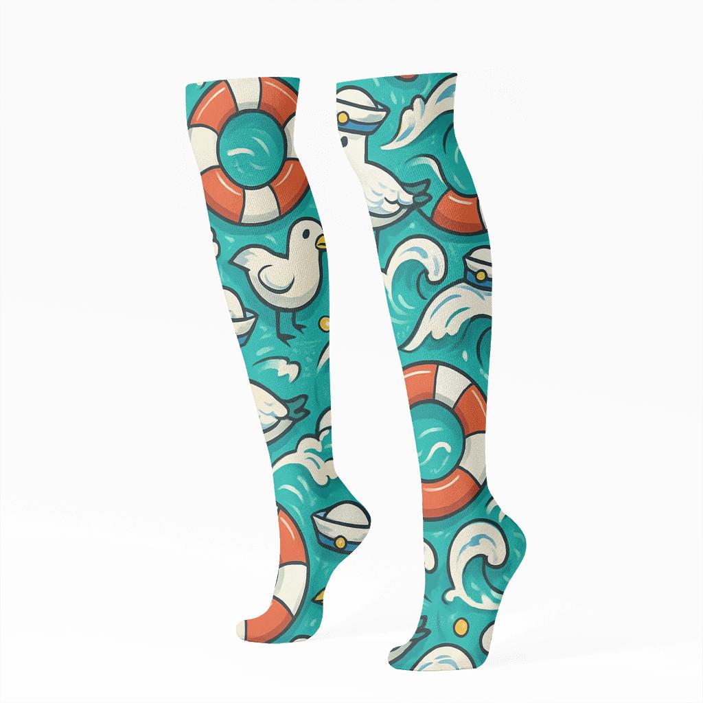 Sailor-Crafted Lifebuoy And Seagull Tessellation custom knee-high socks