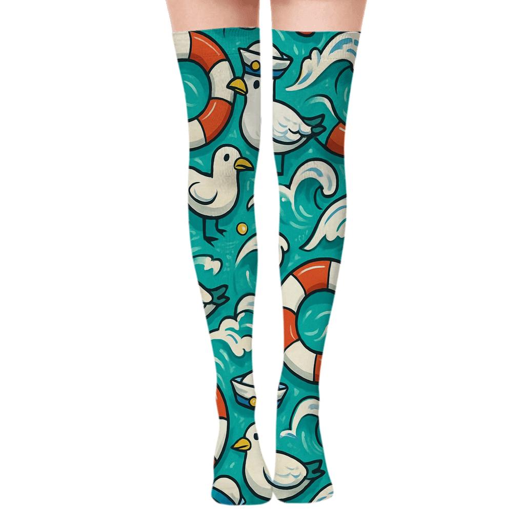 Sailor-Crafted Lifebuoy And Seagull Tessellation trendy patterned over-the-knee socks