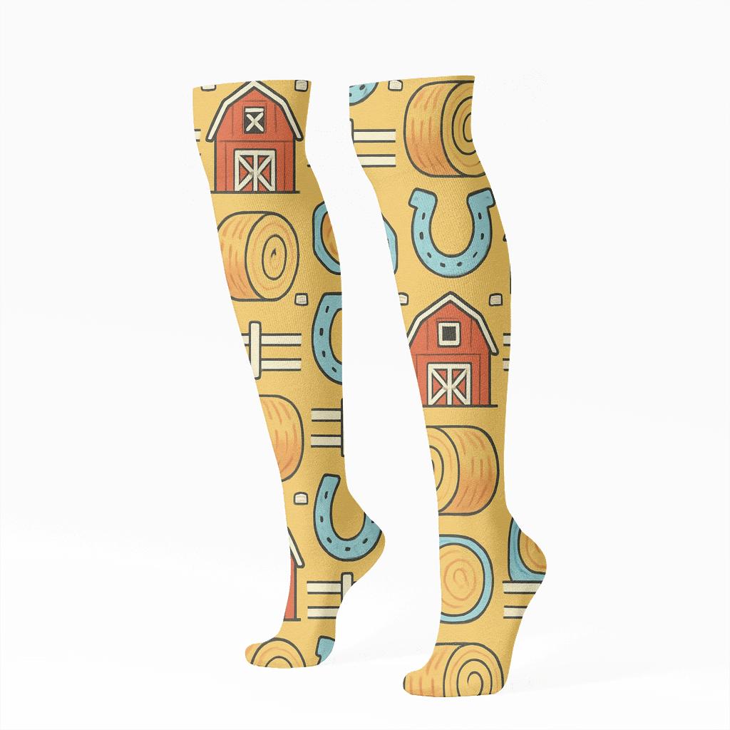 Barn Quilt Lattice With Rancher Charm designer print knee-high socks