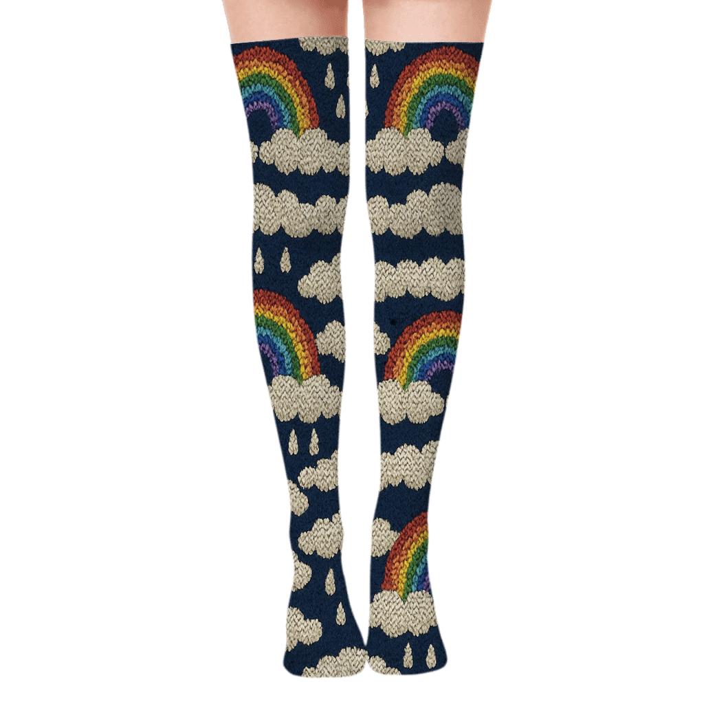 Knitted Rainbow Cloud Edge Bands On Midnight Navy custom over-the-knee socks