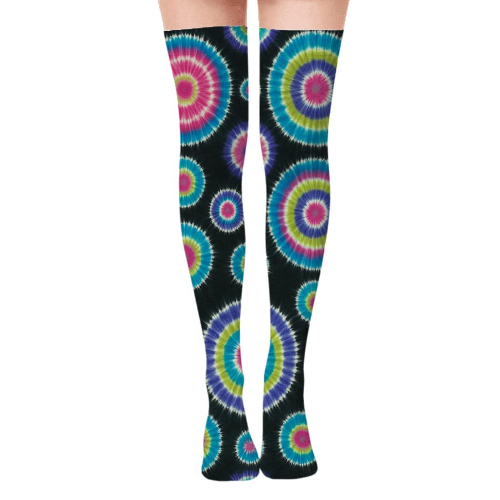 Neon Bullseye Tiled Lattice On Charcoal Black Background comfortable cotton over-the-knee socks