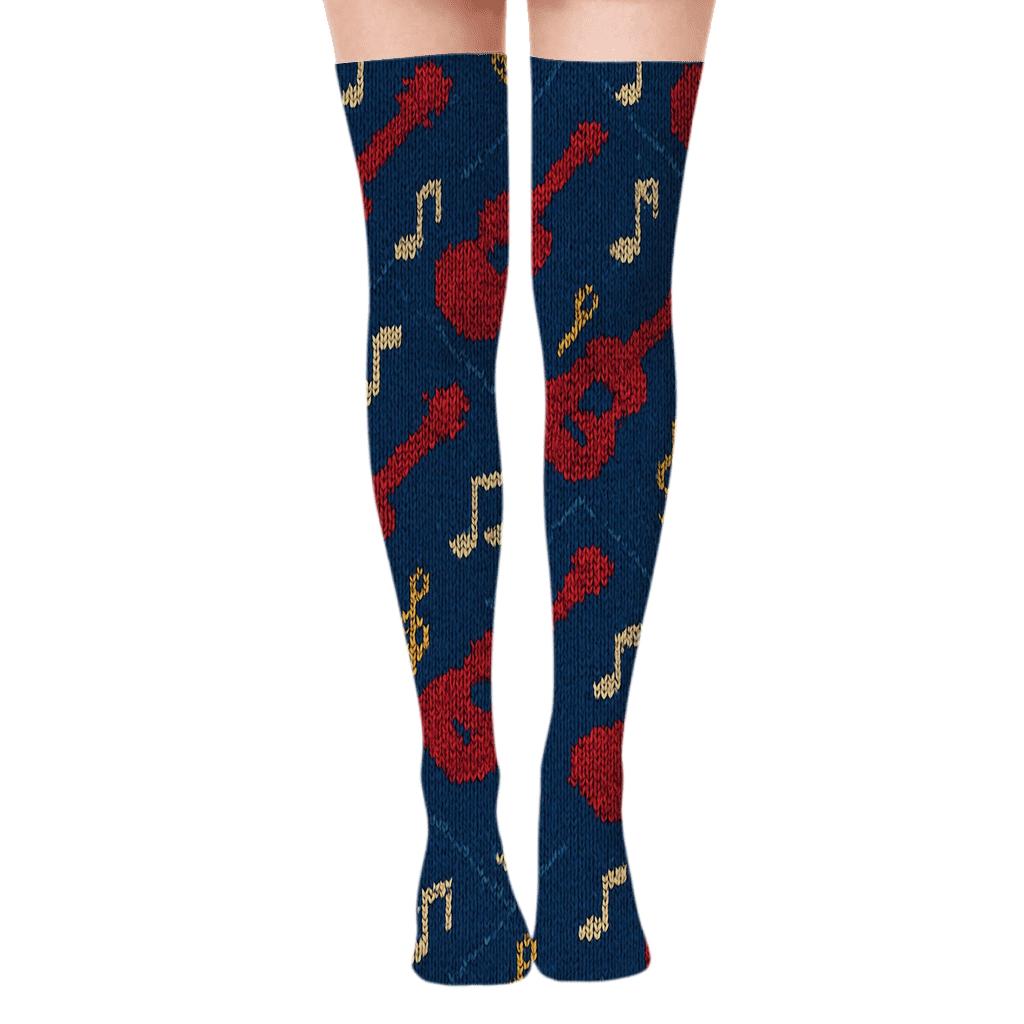Musician Knit Illusion Guitar And Note Tessellation designer print over-the-knee socks