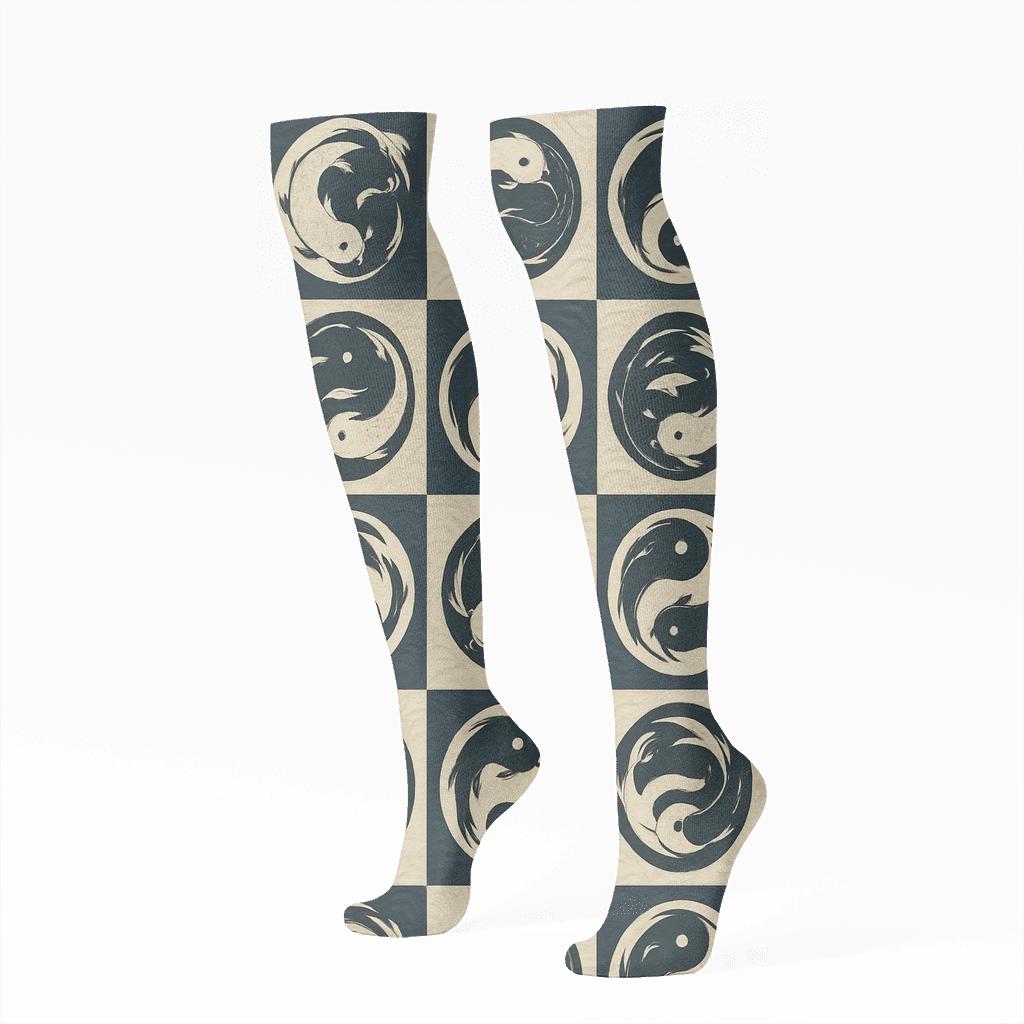 Koi Yin Yang Wave Tiles On Deep Indigo premium sports knee-high socks