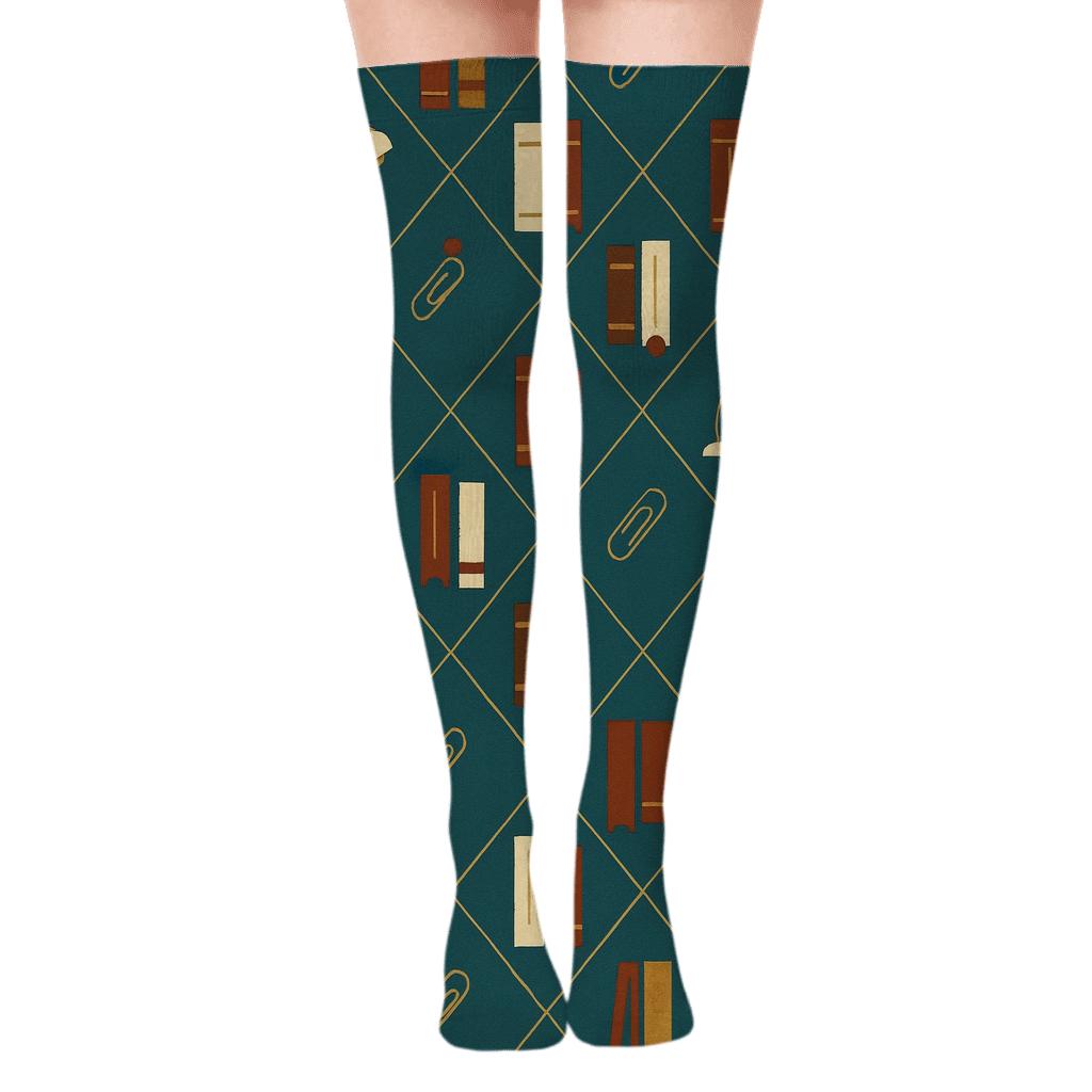Book Spine Lattice With Librarian Charm designer print over-the-knee socks