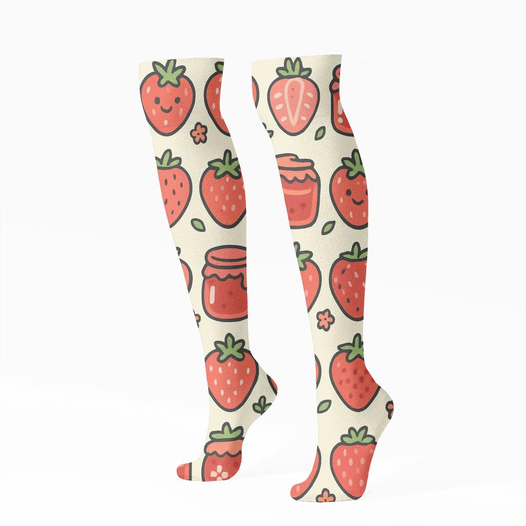 Cream Strawberry Jam Jar Bands With Cartoon Fruit Parade trendy patterned knee-high socks