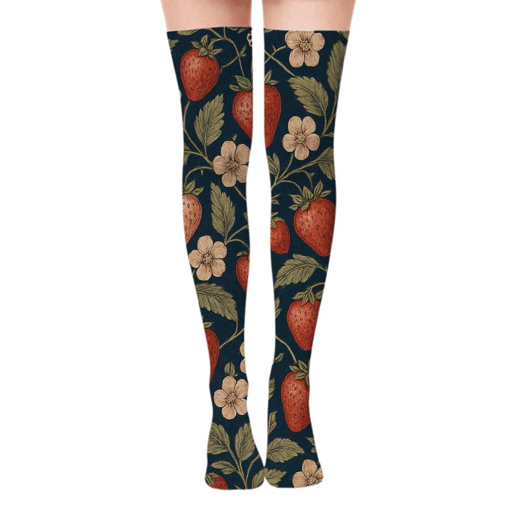 Navy Strawberry Leaf Lattice And Blossom Medallions stylish fashion over-the-knee socks