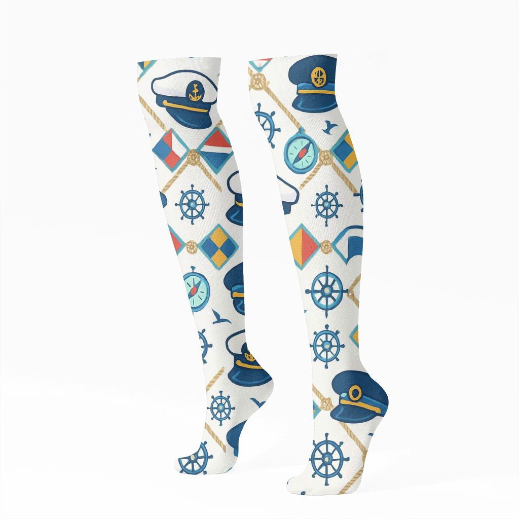 Nautical Flag Lattice With Ship Captain Charms unique graphic knee-high socks