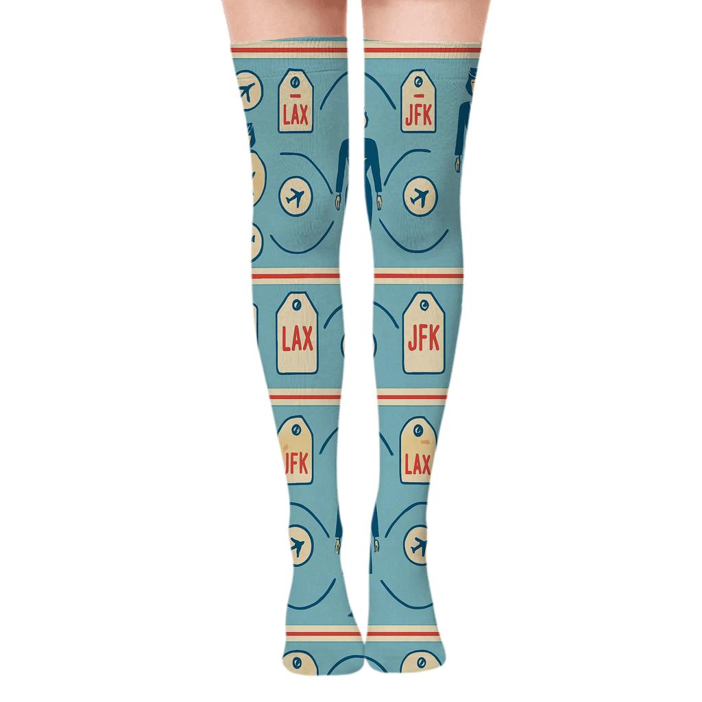 Vintage Airline Poster Look With Flight Attendant Pattern Bands designer print over-the-knee socks