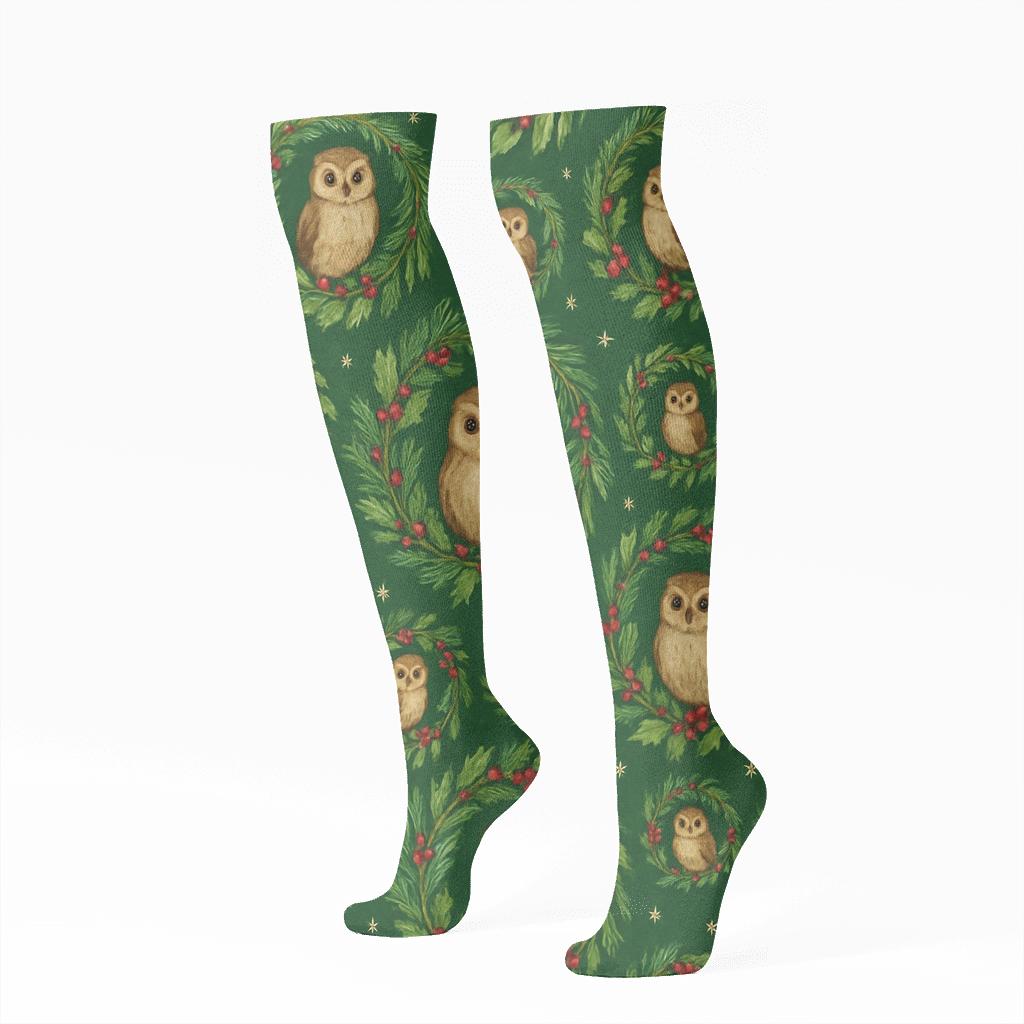 Watercolor Christmas Owl Wreath Rings On Forest Green Background premium sports knee-high socks