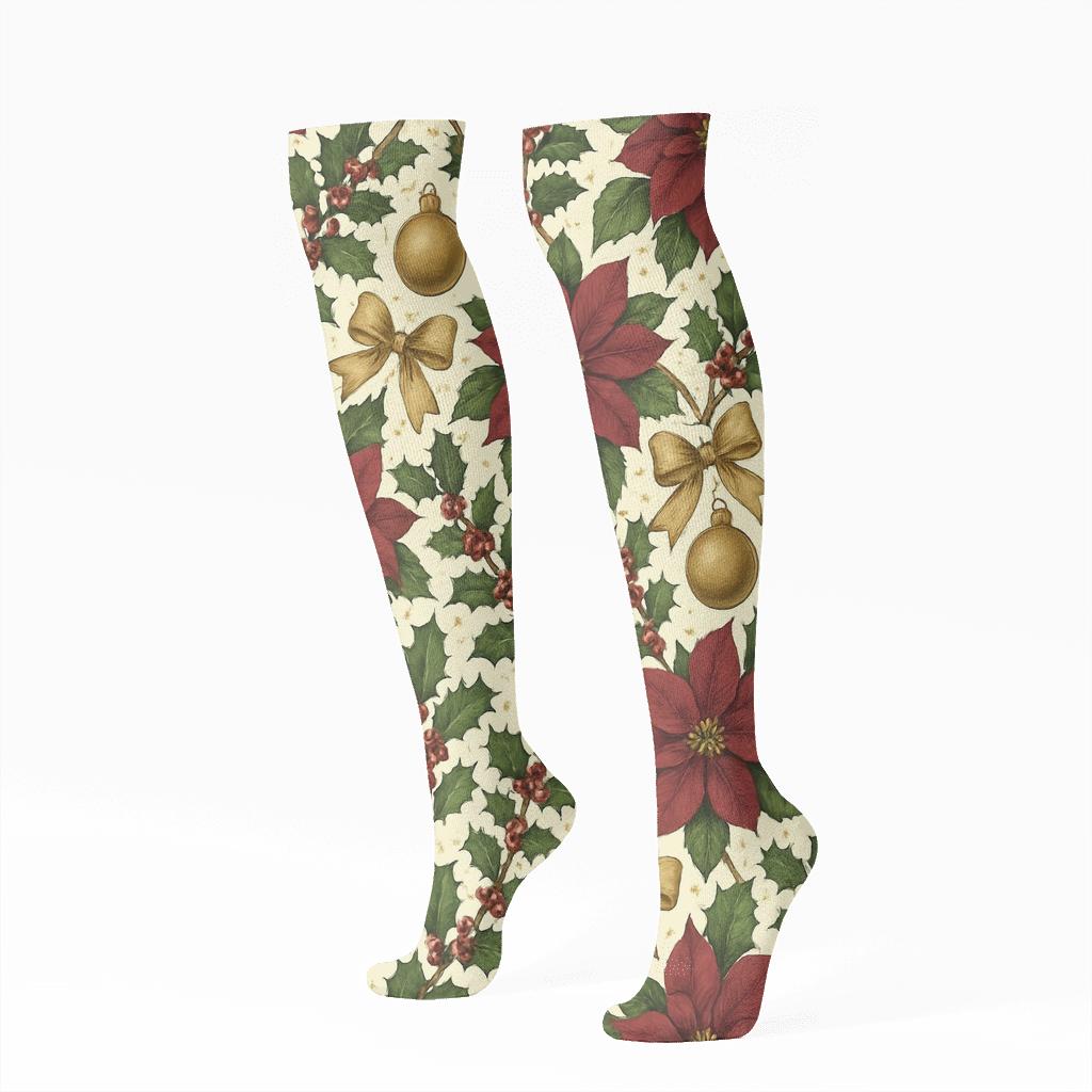Burgundy Poinsettia Ornament Lattice On Ivory Background unique graphic knee-high socks