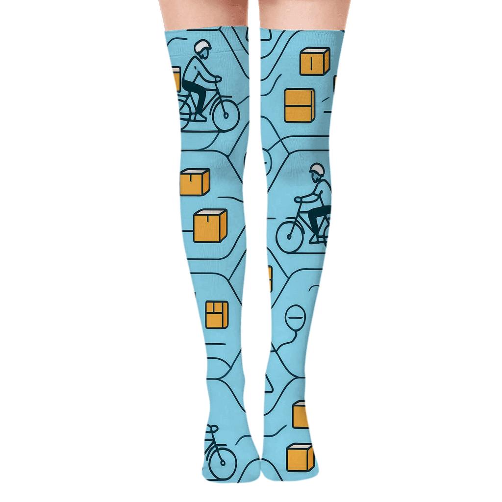 City Route Lattice With Courier Icons unique graphic over-the-knee socks