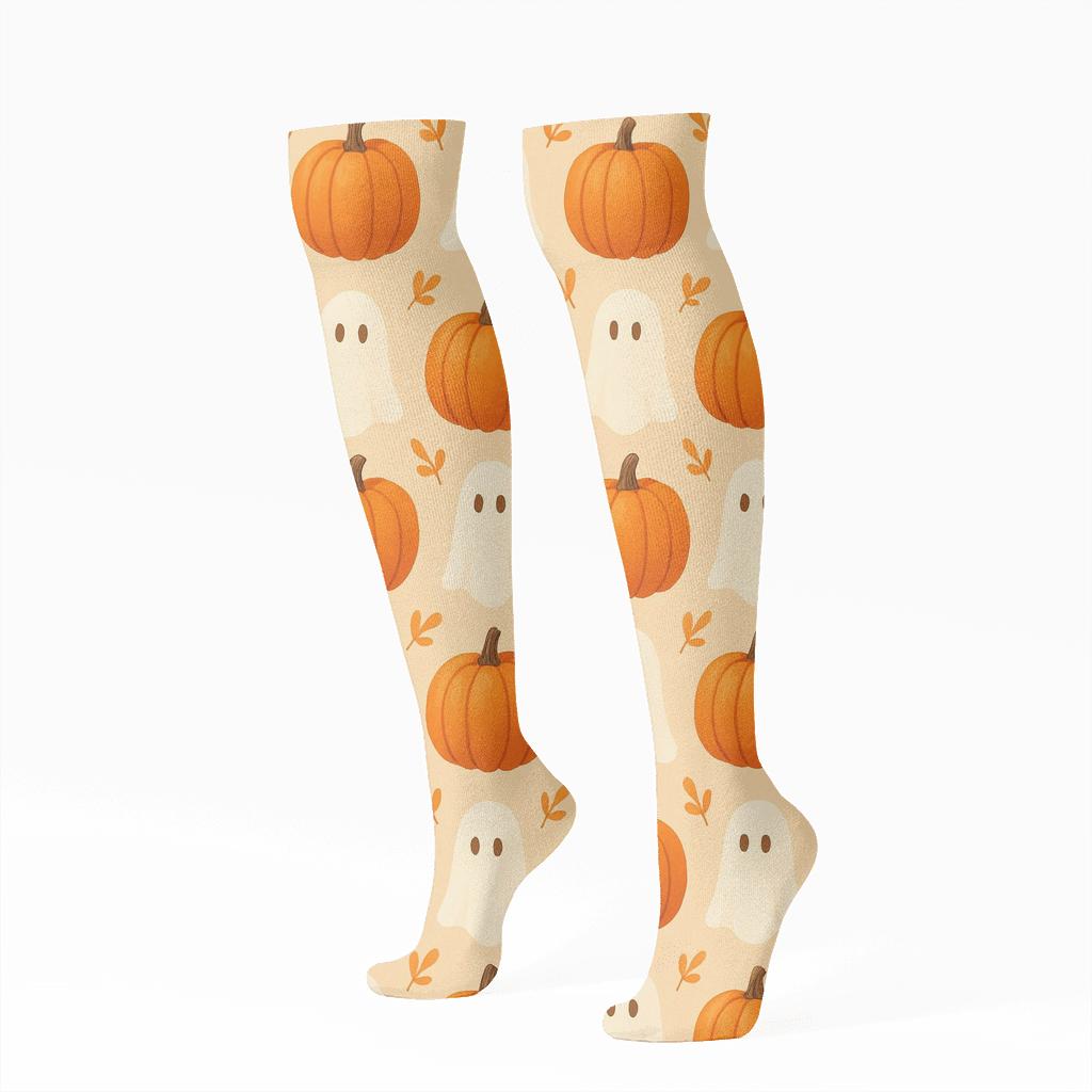 Orange Pumpkin And Ghost Alternating Grid On Proper Neutral Background custom knee-high socks