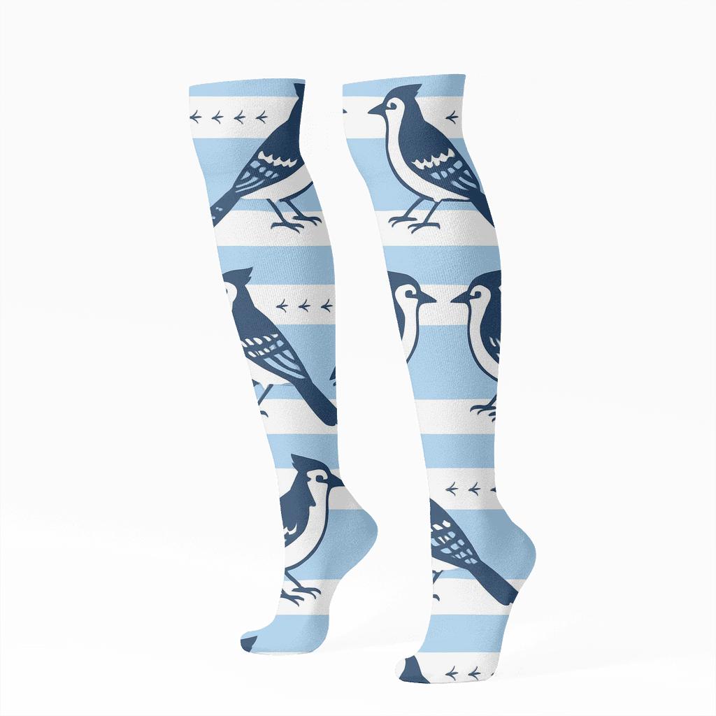 Blue Jay Flight Mirror Stripes On Sky Blue Background soft everyday knee-high socks