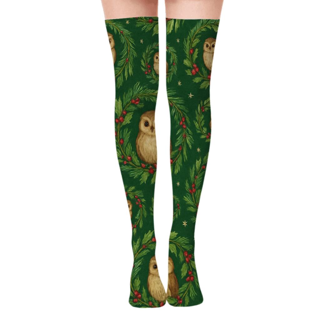 Watercolor Christmas Owl Wreath Rings On Forest Green Background soft everyday over-the-knee socks