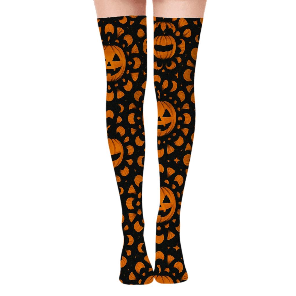 Jack O Lantern Rosette Medallions On Black Background stylish fashion over-the-knee socks
