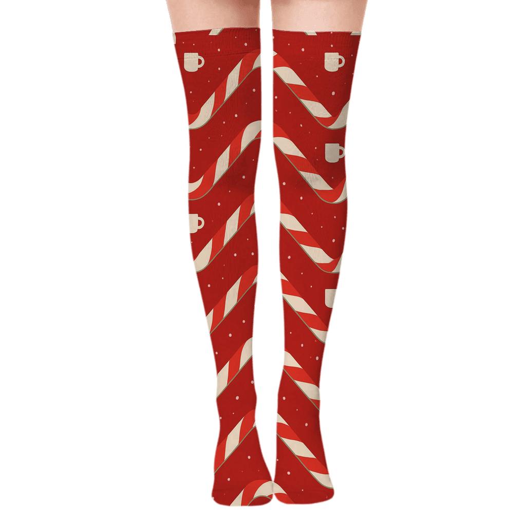 Candy Canes Chevron Waves On Deep Holiday Red premium cozy over-the-knee socks