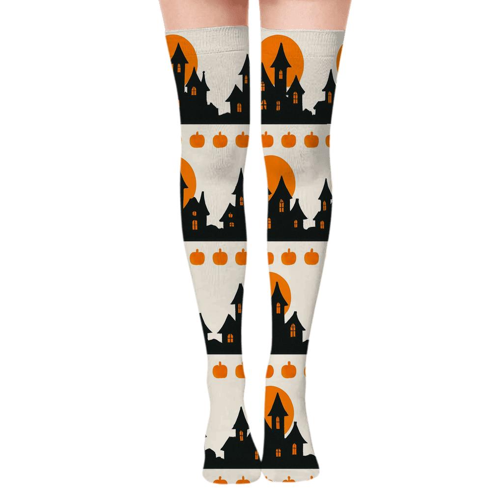 Haunted House Silhouette Stripe With Orange Moon Glows On White Background trendy patterned over-the-knee socks