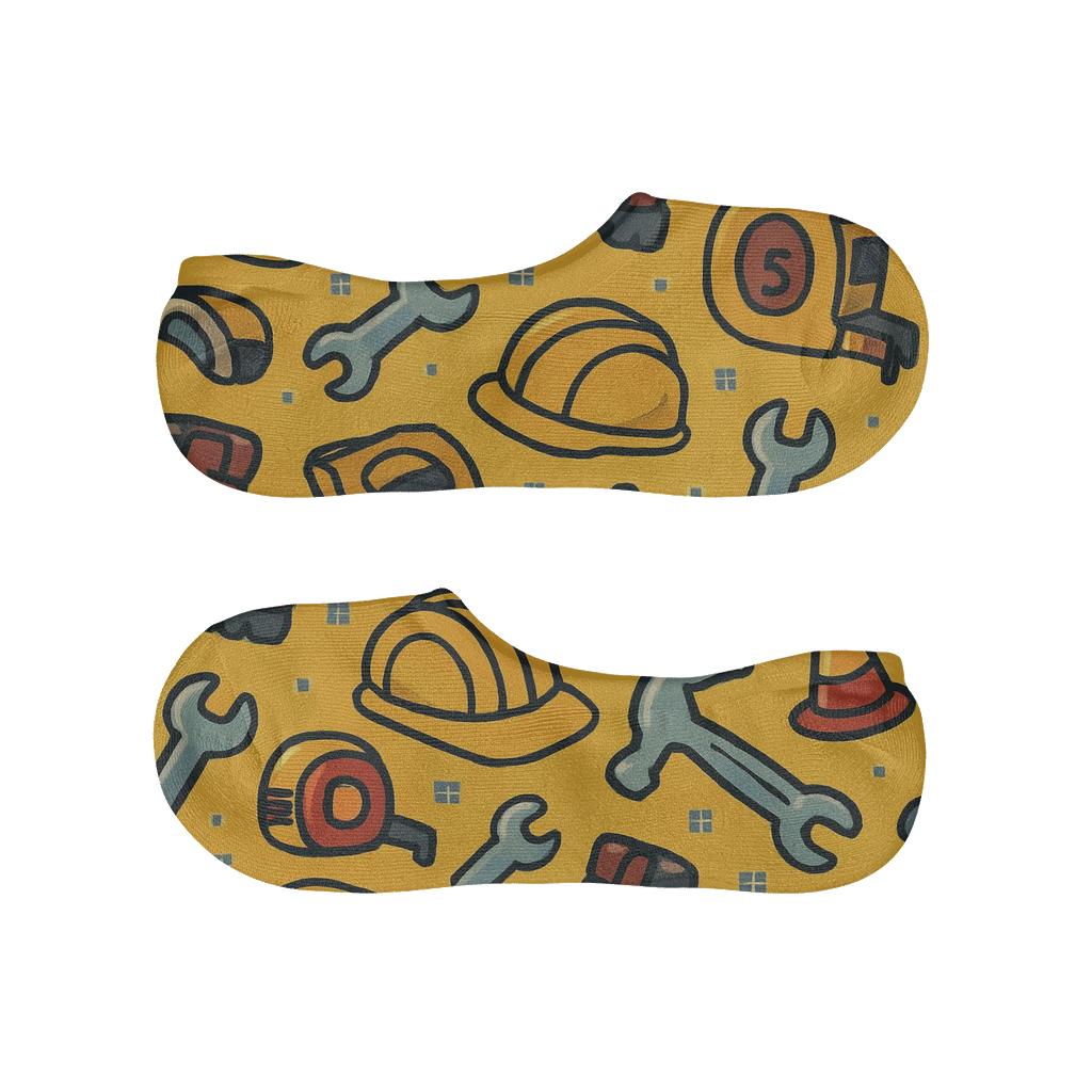 Construction Worker Hard Hat And Tool Scatter On Golden Field personalized no-show socks