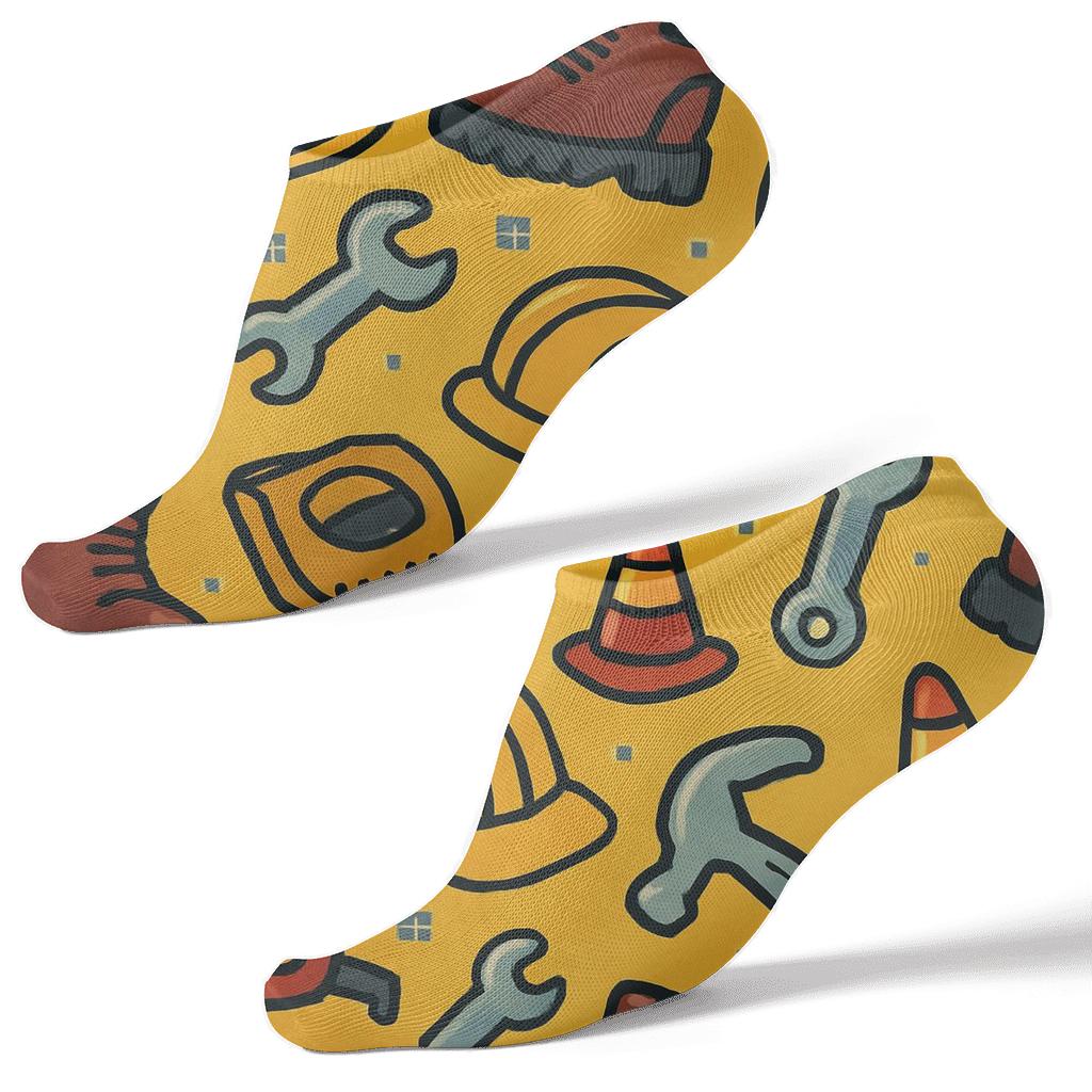 Construction Worker Hard Hat And Tool Scatter On Golden Field trendy patterned ankle socks