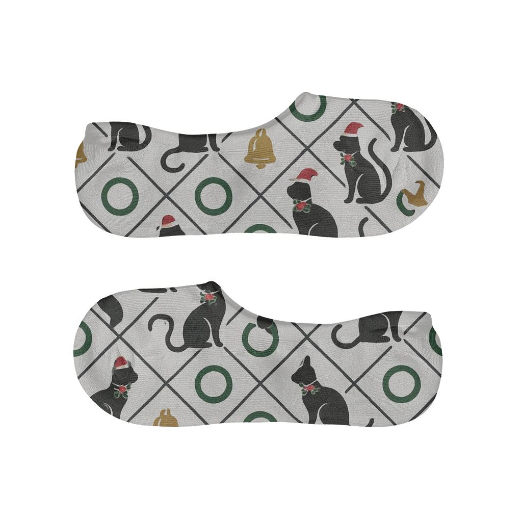 Holly Bow Cat Silhouette Lattice On Snow White Background unique hidden socks