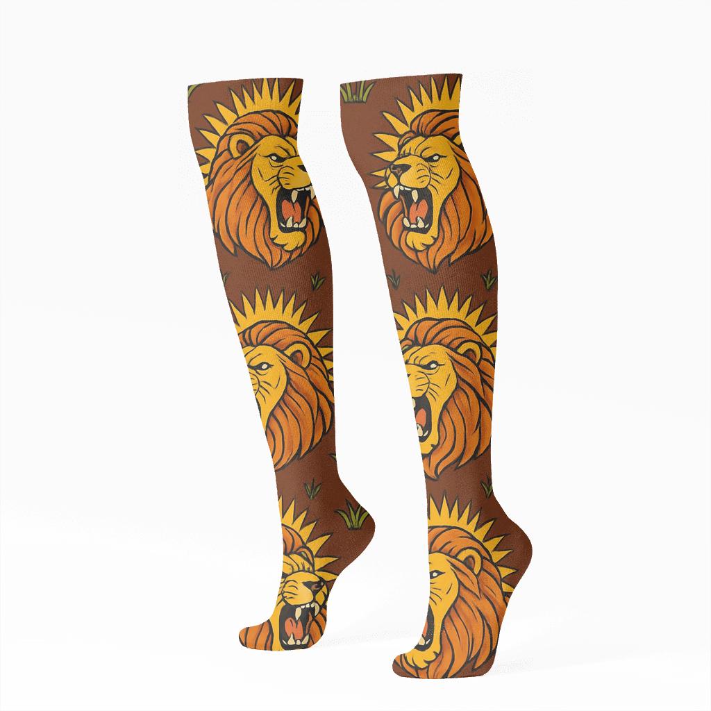 Savanna Sunburst Tiles With Roaring Lion stylish athletic knee-high socks