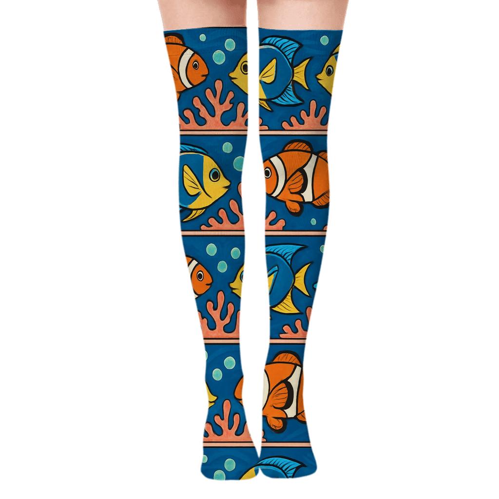 Coral Band Parade With Fish Motifs trendy patterned over-the-knee socks