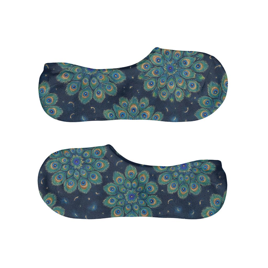 Peacock Eye Feather Radial Rosettes On Deep Navy Background custom no-show socks