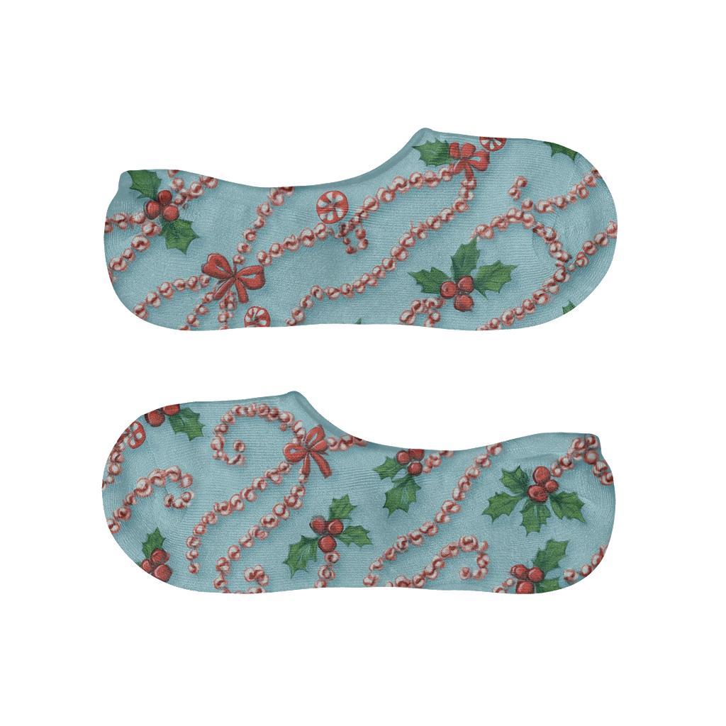 Icy Blue Collage With Candy Canes Garland Trails personalized no-show socks